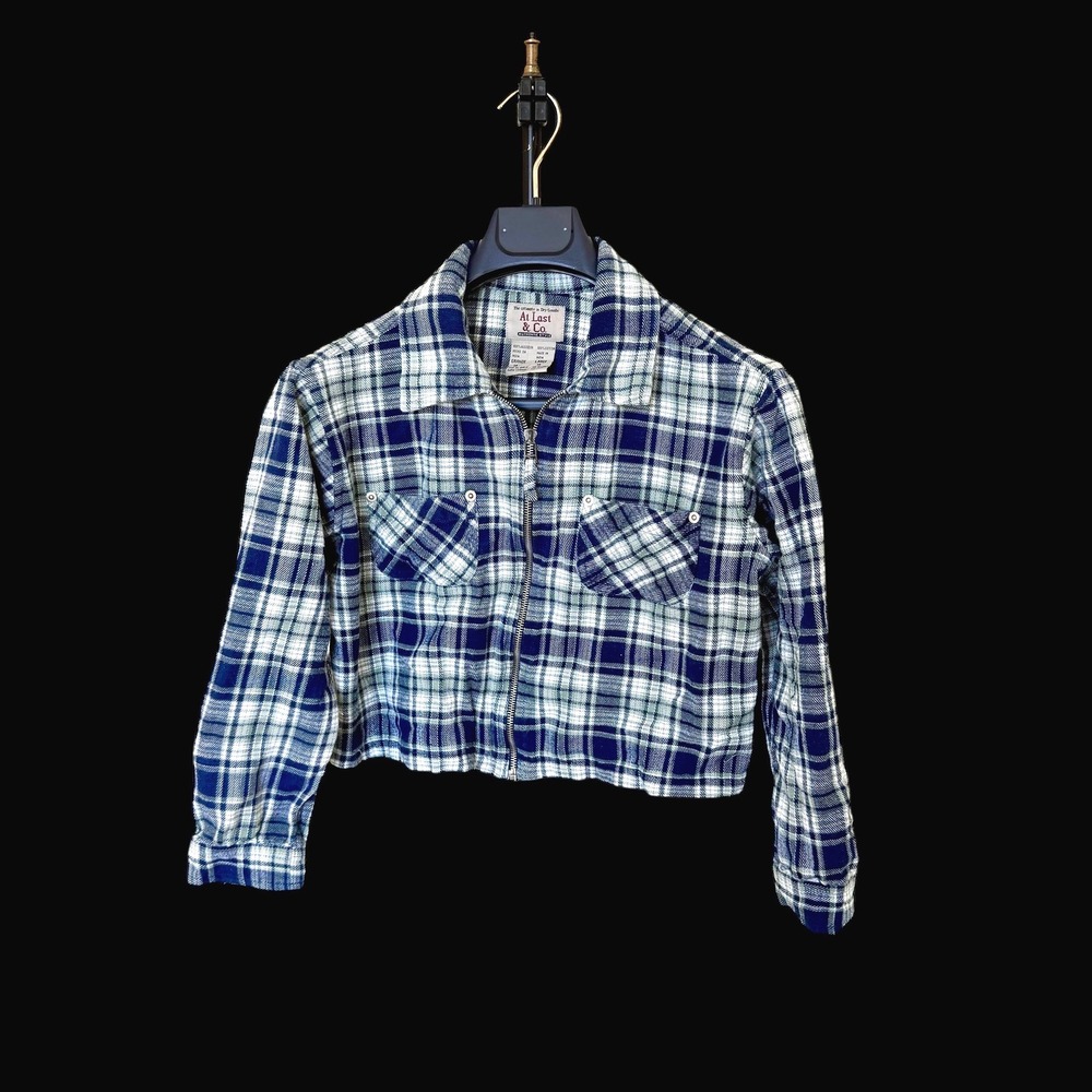 Y2K At Last & Co Womens‎ Cropped Flannel Jacket Blue Plaid Zip Up Large